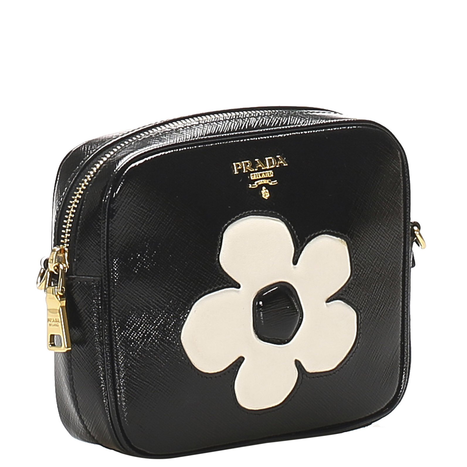 

Prada Black Saffiano Leather Vernice Flower Crossbody Bag