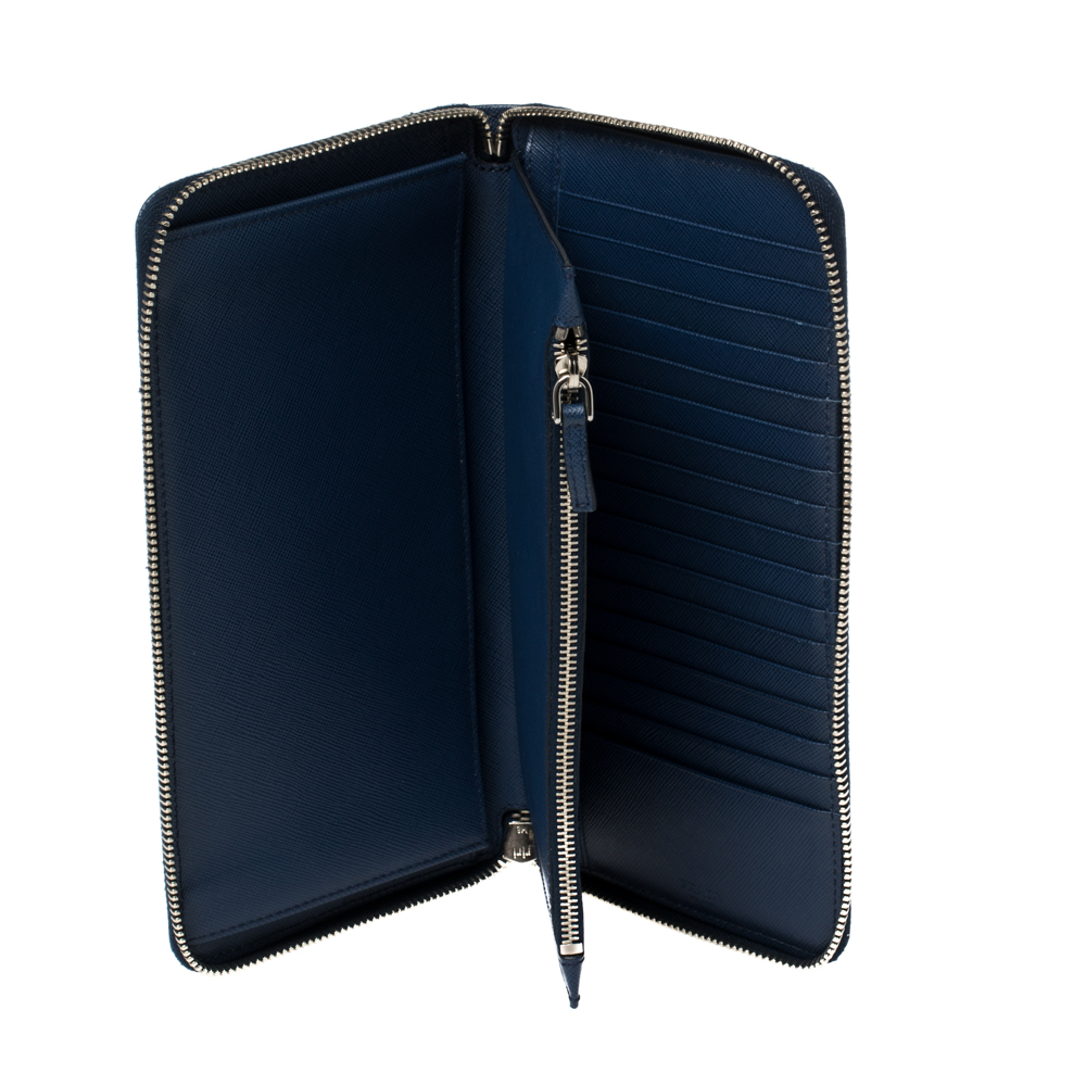 

Prada Blue Saffiano Leather Zip Around Agenda Cover