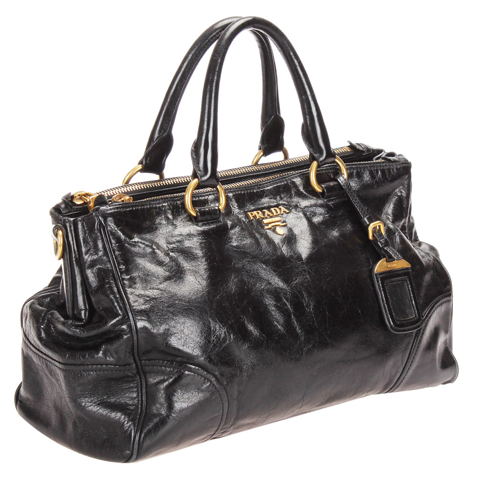 

Prada Black Glazed Leather Double Zip Top Handle Bag