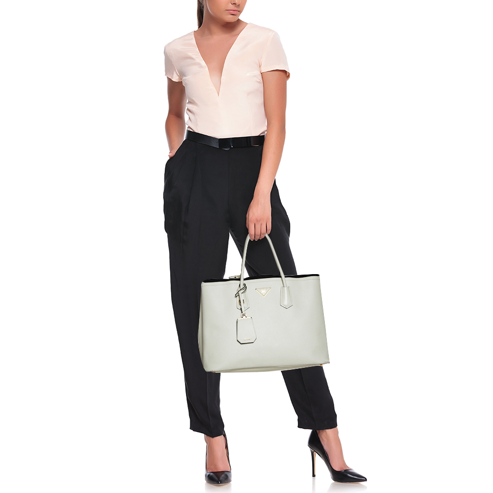 

Prada White Saffiano Cuir Leather Double Tote