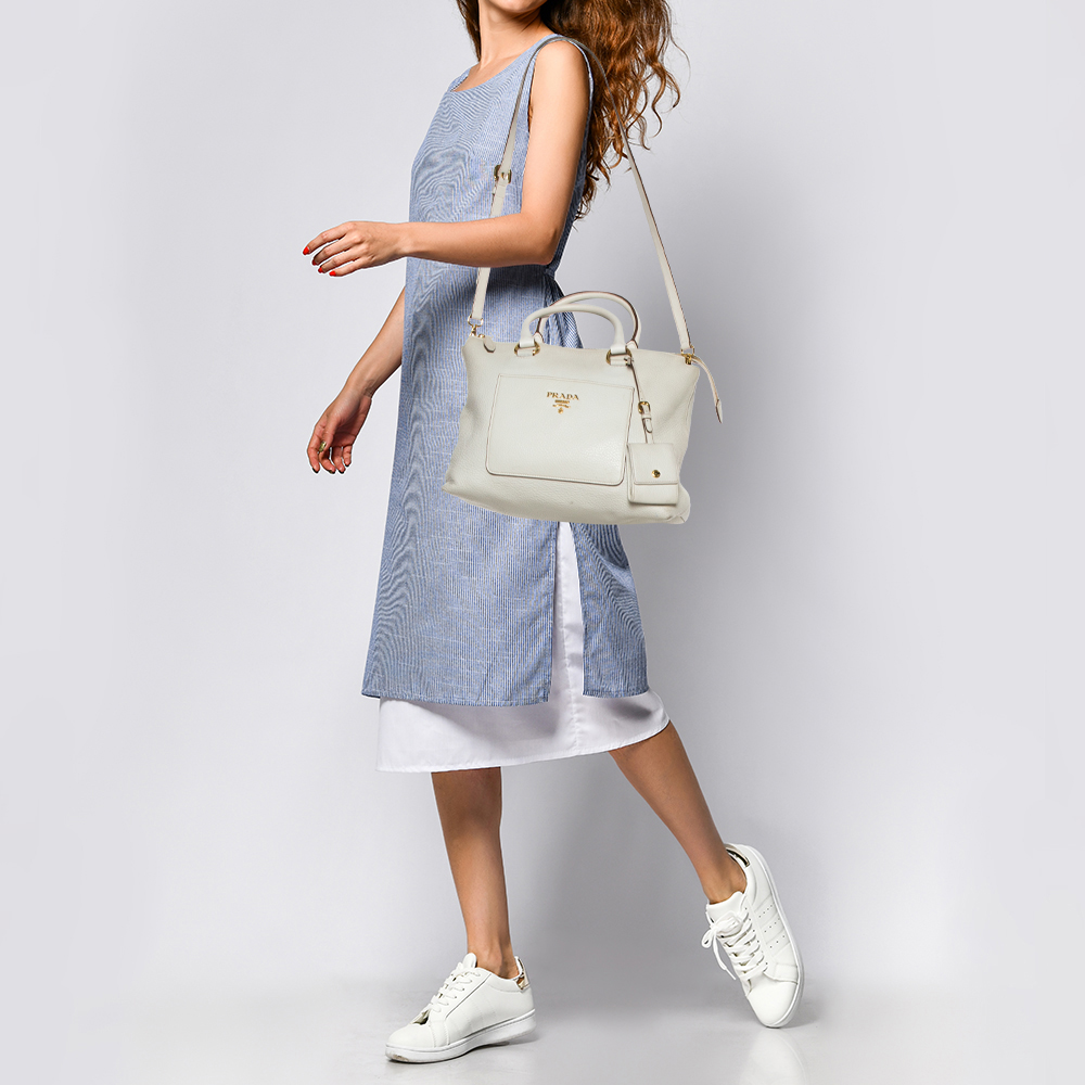 

Prada Off White Vitello Daino Leather Front Pocket Satchel