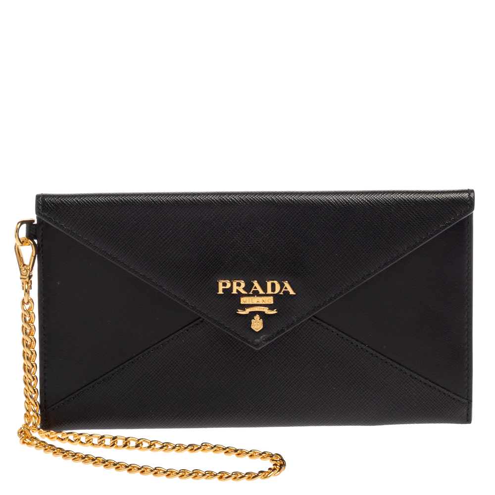 Prada Black Saffiano Leather Envelope Wristlet Clutch Prada | TLC