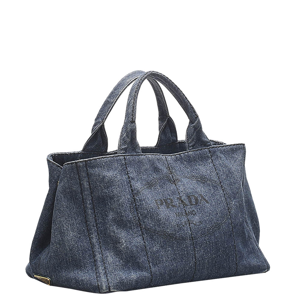 

Prada Blue Canapa Logo Denim Tote Bag