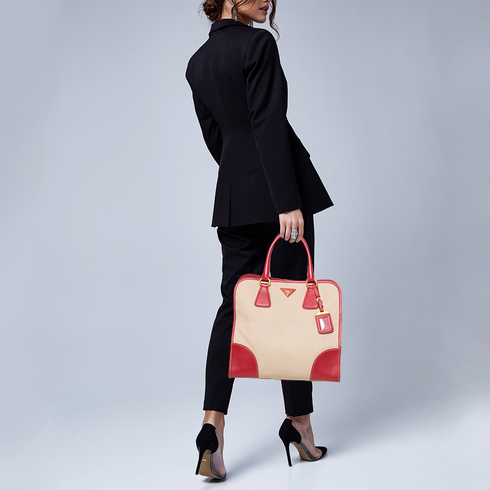 

Prada Beige/Red Canvas and Leather Canapa Tote