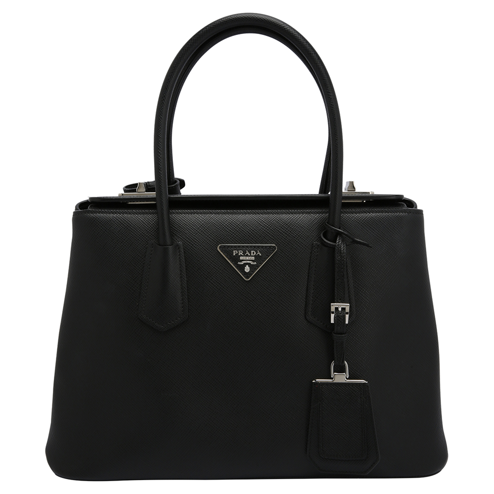 

Prada Black Leather Saffiano Galleria Double Flap Tote Bag
