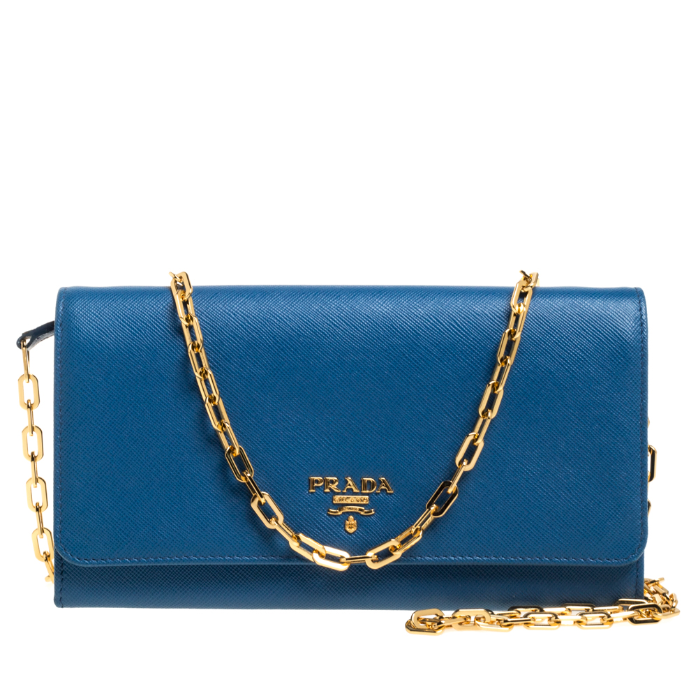 Pre-owned Prada Blue Saffiano Lux Leather Wallet On Chain
