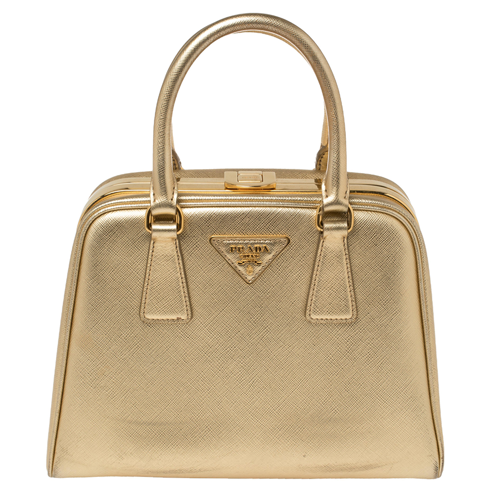 Pre-owned Prada Gold Saffiano Lux Leather Pyramid Frame Satchel