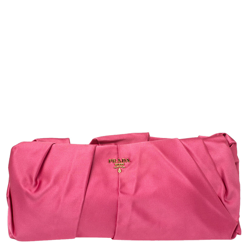 Pre-owned Prada Magenta Satin Pleated Raso Clutch In Pink