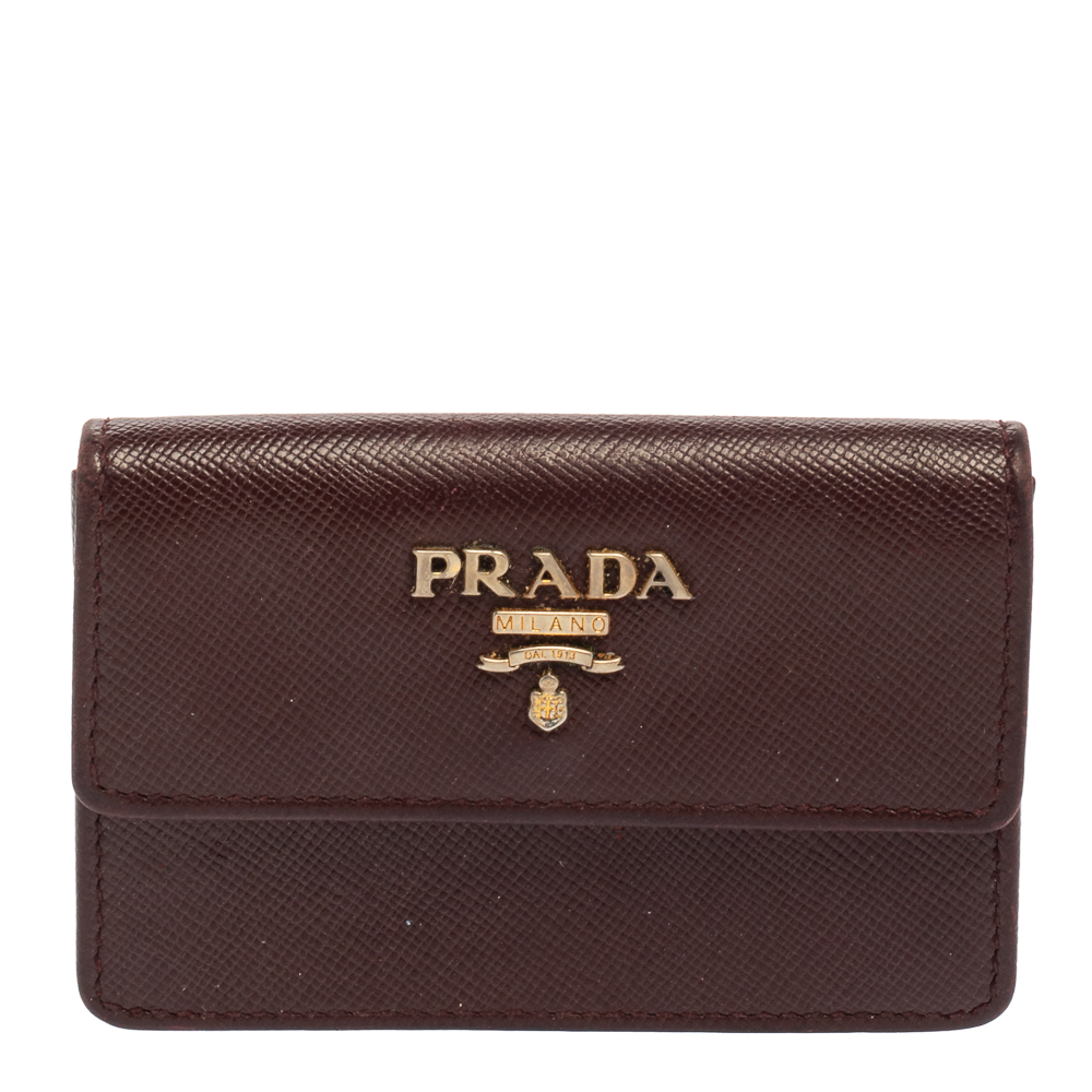Pre-owned Prada Burgundy Saffiano Lux Leather Business Card Holder