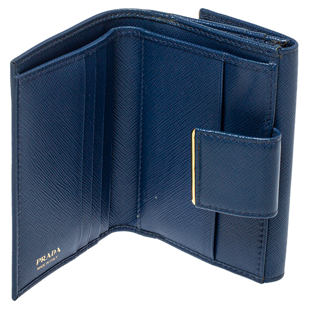 

Prada Blue Saffiano Leather Metal Trifold Wallet