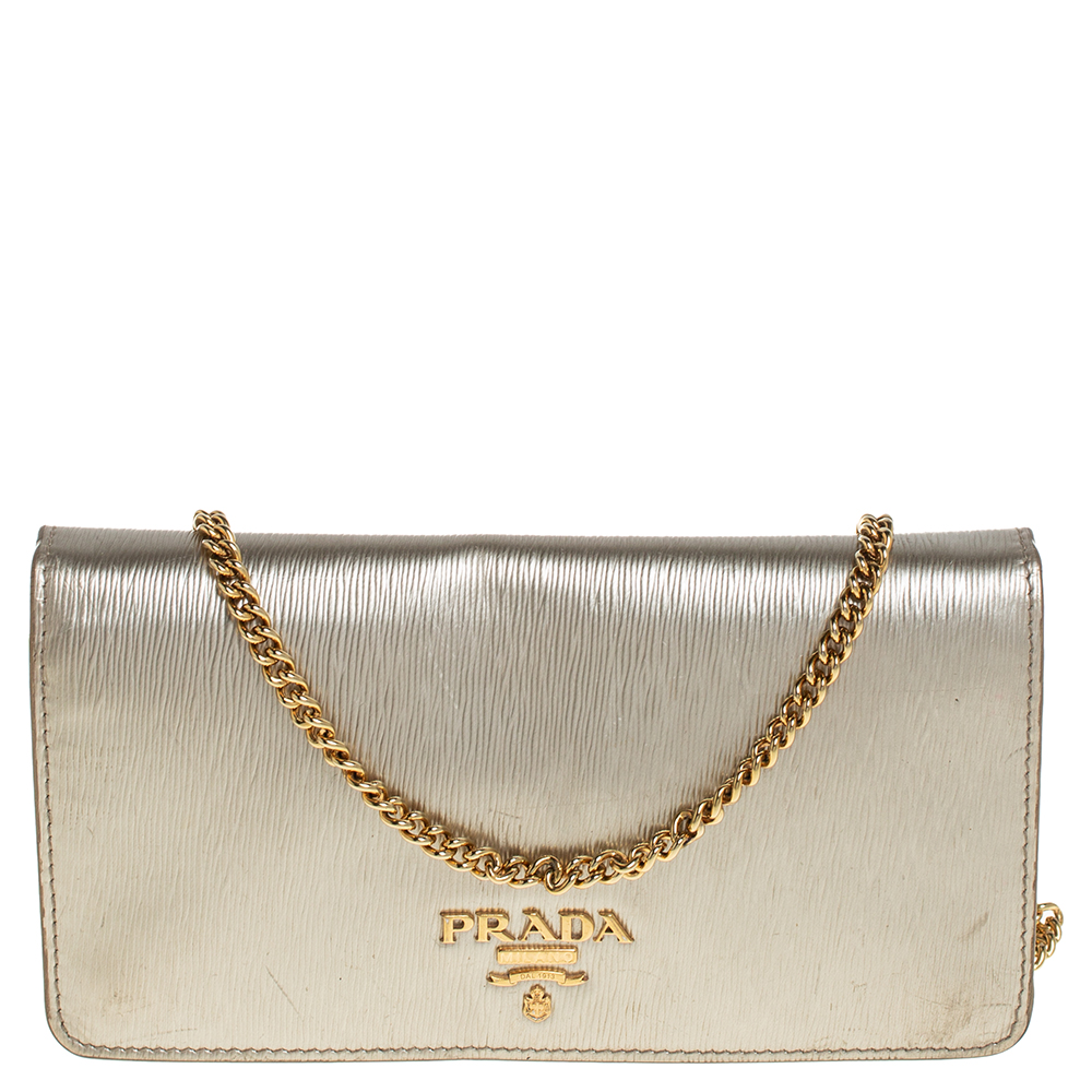Pre-owned Prada Gold Textured Leather Flap Chain Clutch