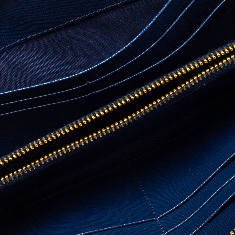 

Prada Blue Saffiano Lux Leather Zip Around Continental Wallet