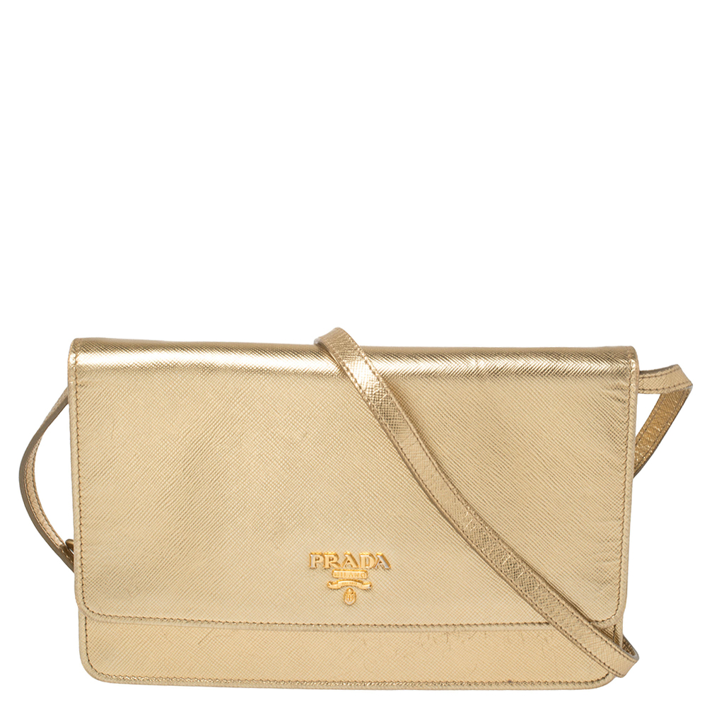 Pre-owned Prada Metallic Gold Saffiano Shine Leather Flap Crossbody Bag