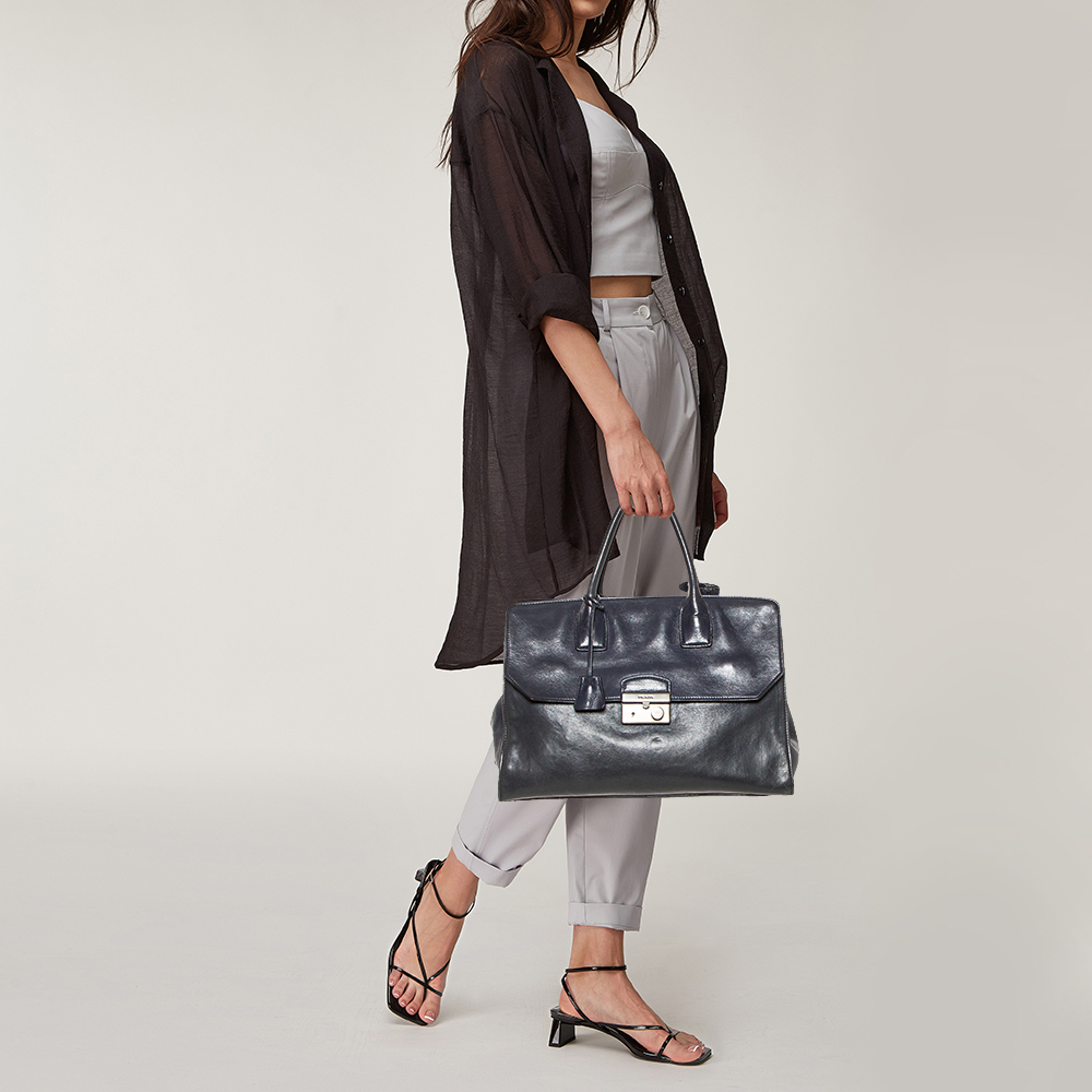

Prada Navy Blue Leather Sound Flap Tote