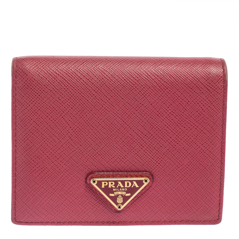 Prada Pink Saffiano Lux Leather Small Compact Wallet