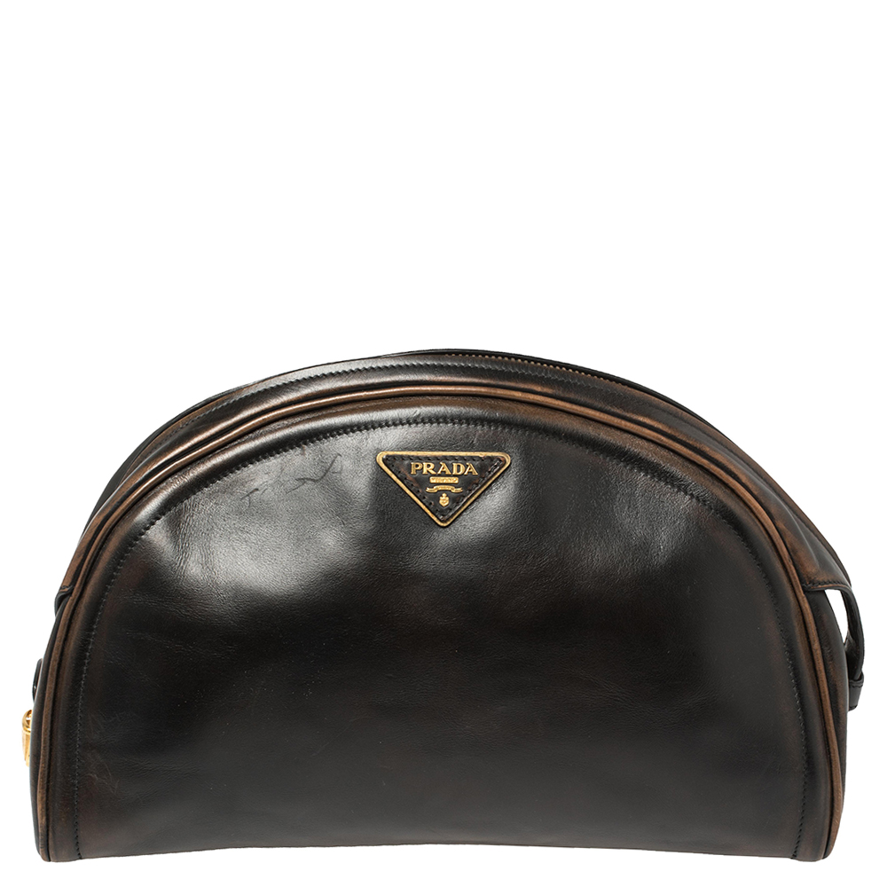 Pre-owned Prada Ombre Black Vitello Vintage Leather Large Dome Clutch