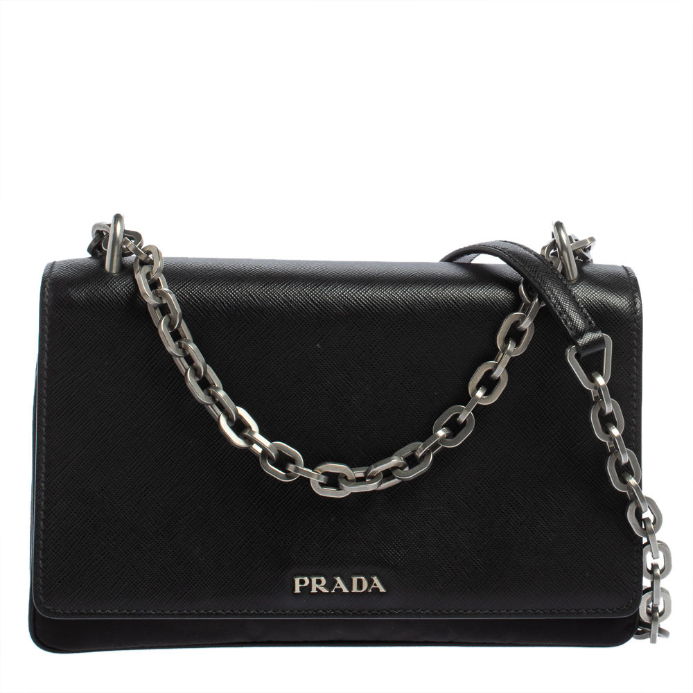 Pre-owned Prada Black Saffiano Lux Leather And Nylon Flap Chain Shoulder Bag