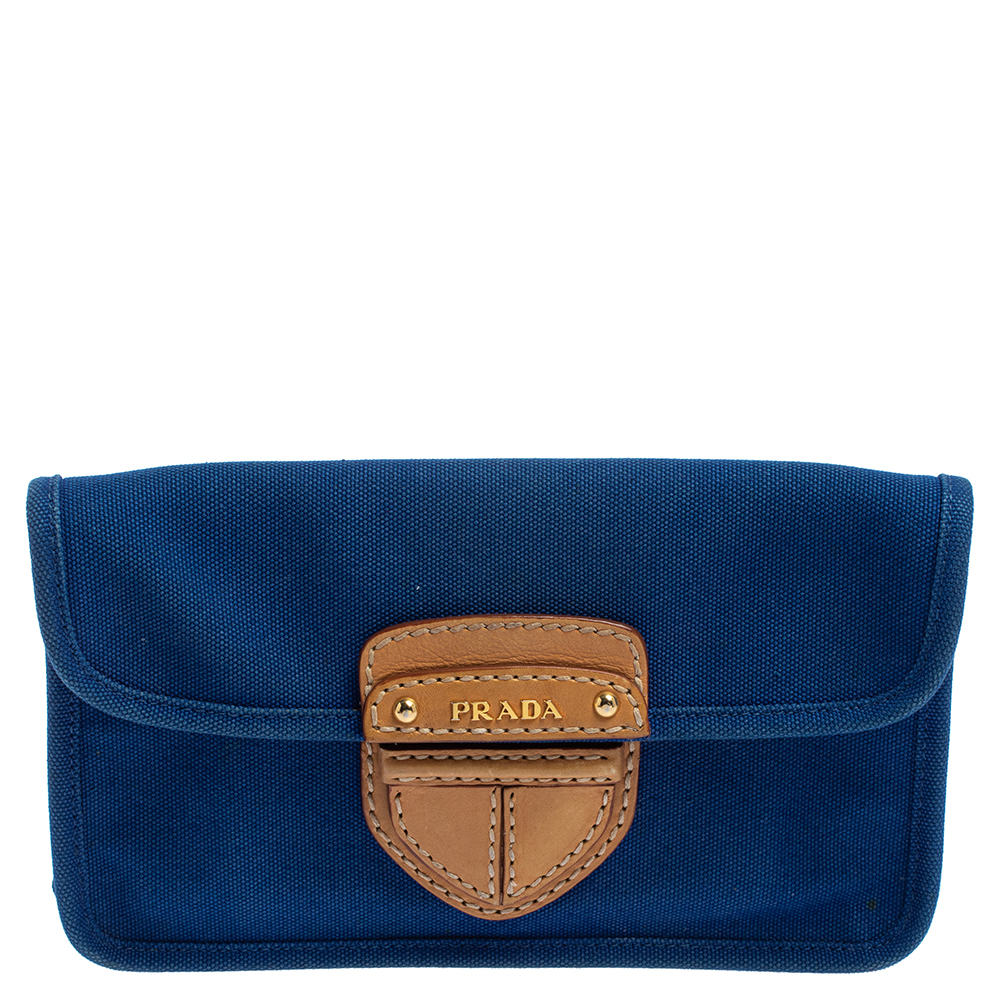 Pre-owned Prada Blue Canvas And Leather Flap Clutch