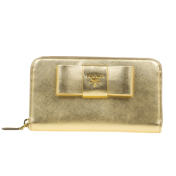 Prada Gold Saffiano Bow Zip-Around Wallet