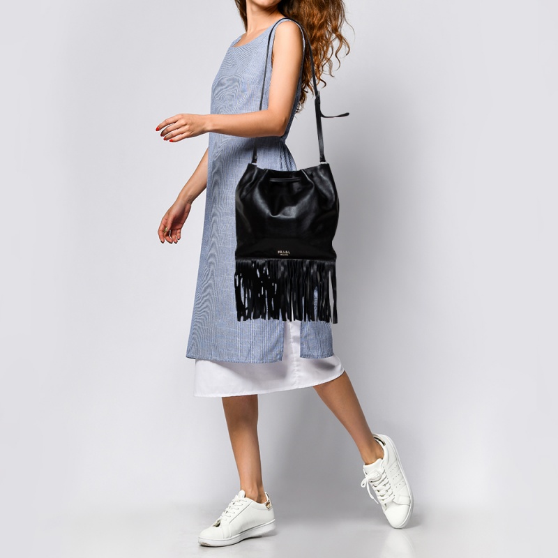 

Prada Black Soft Leather Fringed Drawstring Shoulder Bag