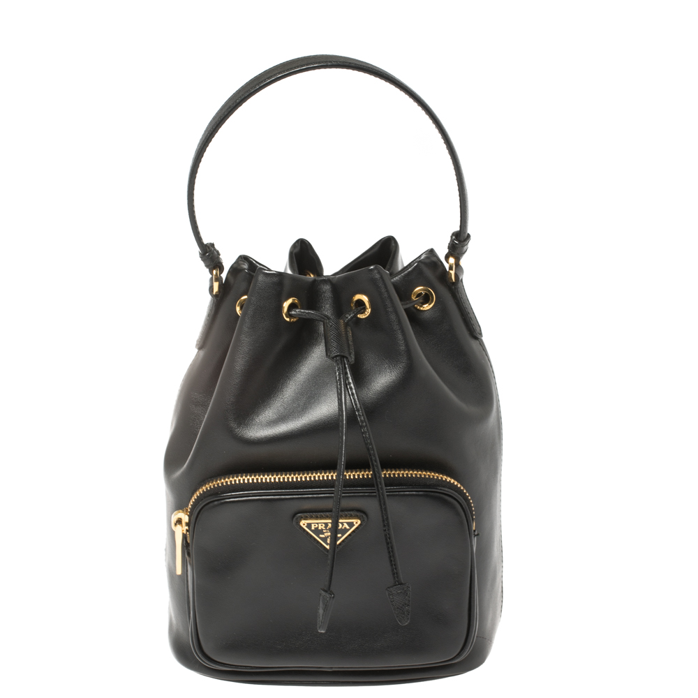Pre-owned Prada Black Leather Duet Bucket Shoulder Bag