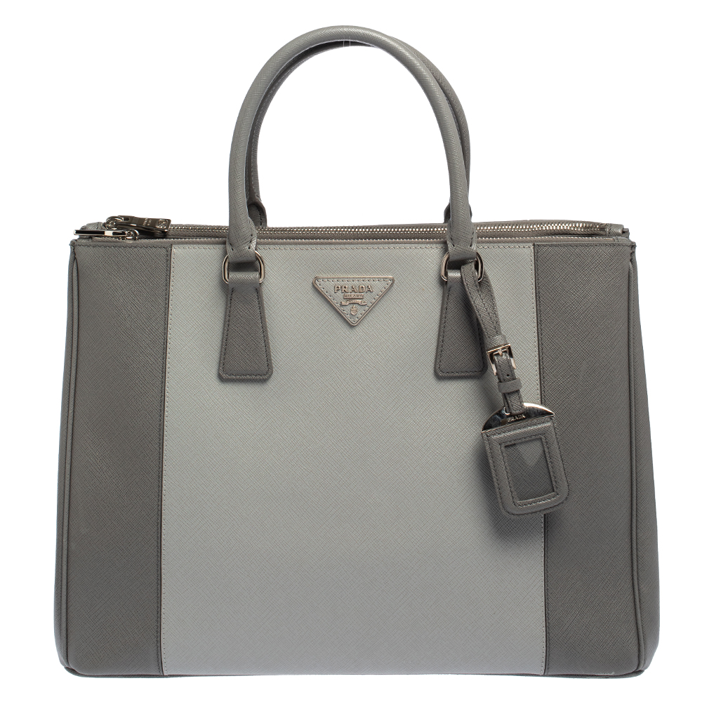Pre-owned Prada Grey Two Tone Saffiano Lux Leather Large Double Zip Tote