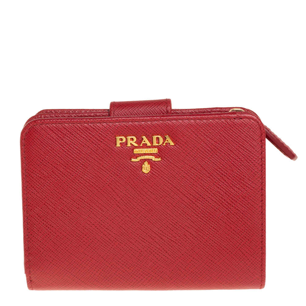 Pre-owned Prada Red Saffiano Metal Leather Compact Wallet