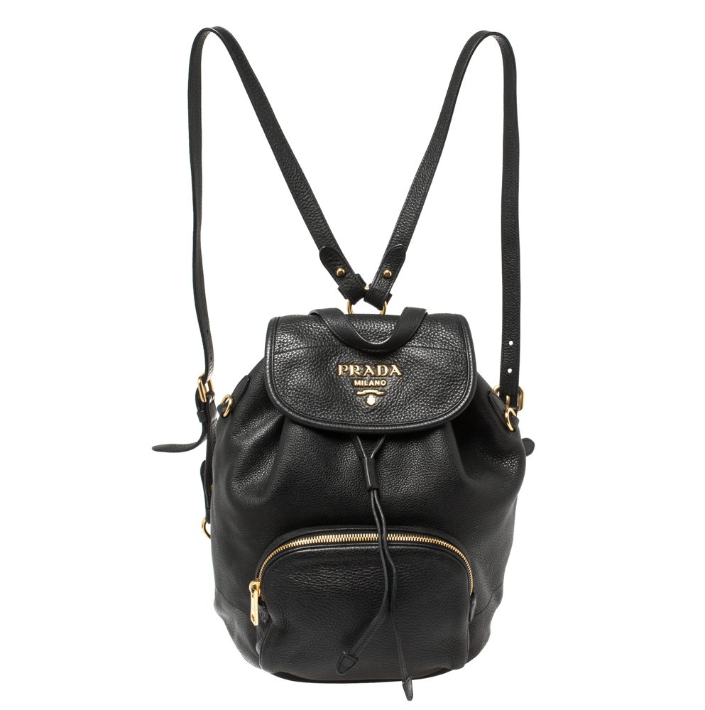 Pre-owned Prada Black Leather Drawstring Backpack
