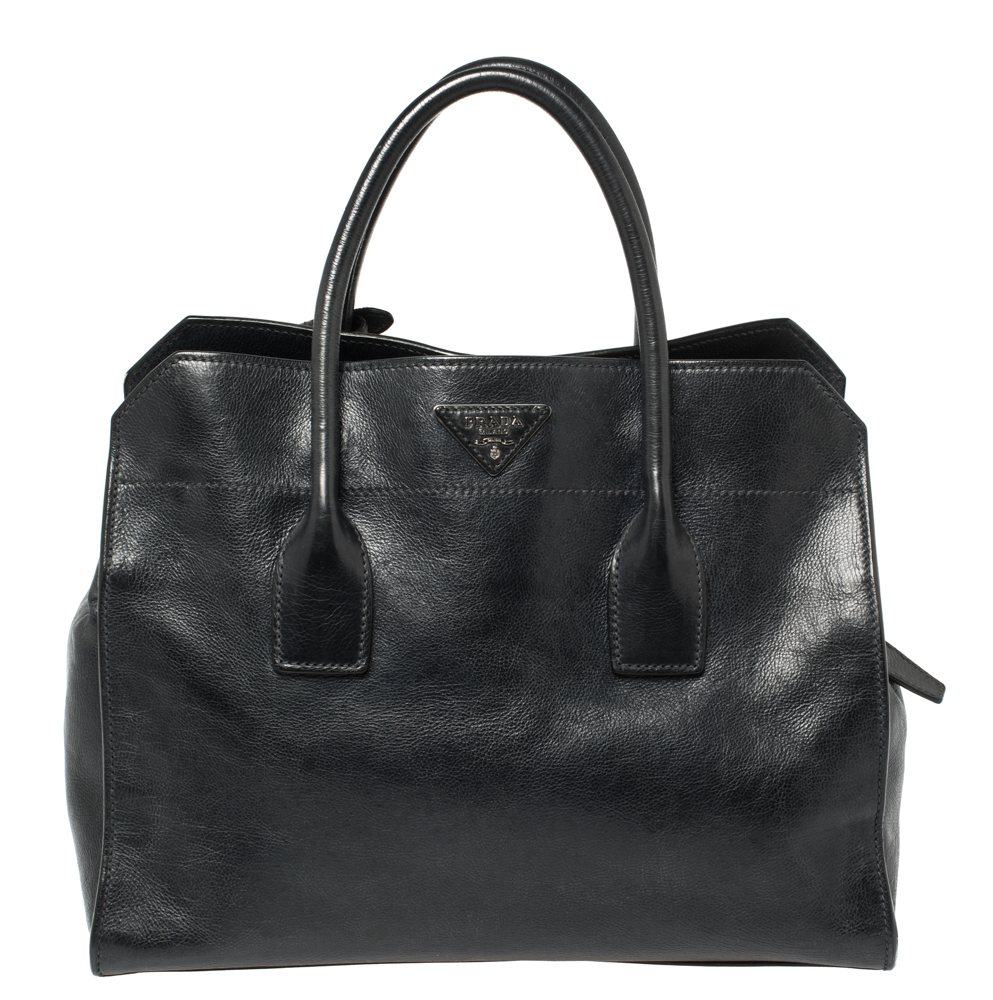 Pre-owned Prada Midnight Blue Glazed Leather Zip Tote