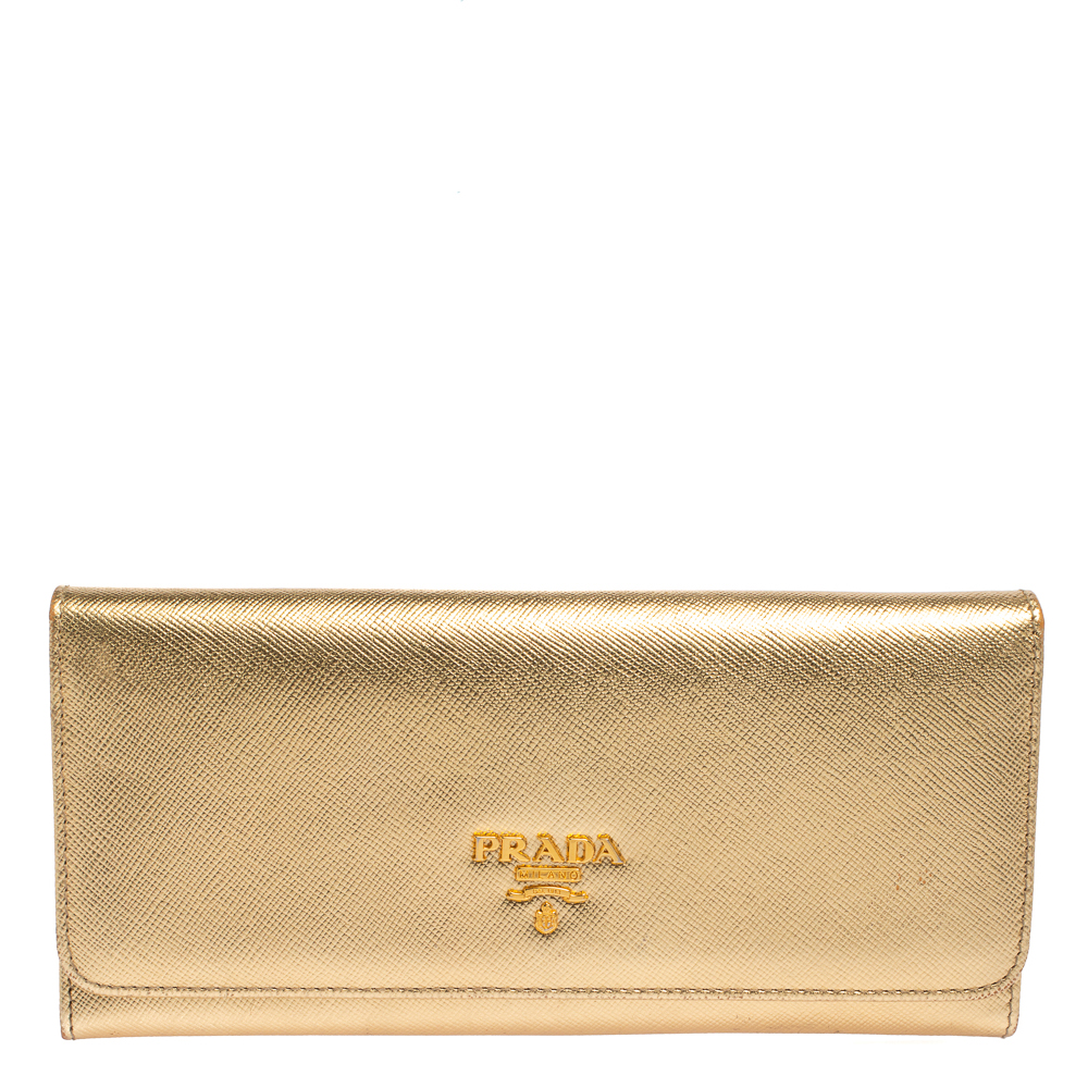 Pre-owned Prada Metallic Gold Saffiano Leather Logo Flap Continental Wallet