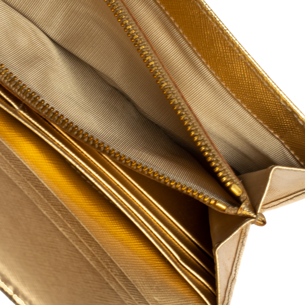 

Prada Metallic Gold Saffiano Leather Logo Flap Continental Wallet