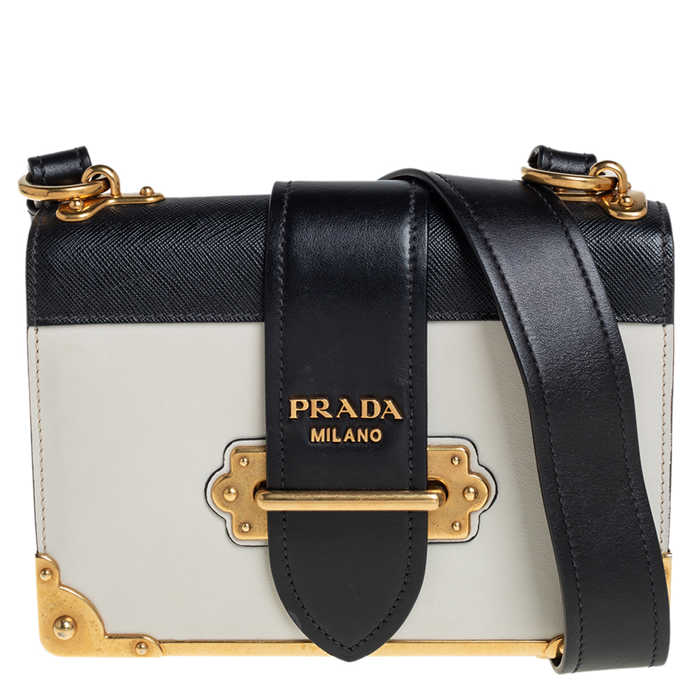 Pre-owned Prada Black/white Leather Cahier Flap Shoulder Bag | ModeSens