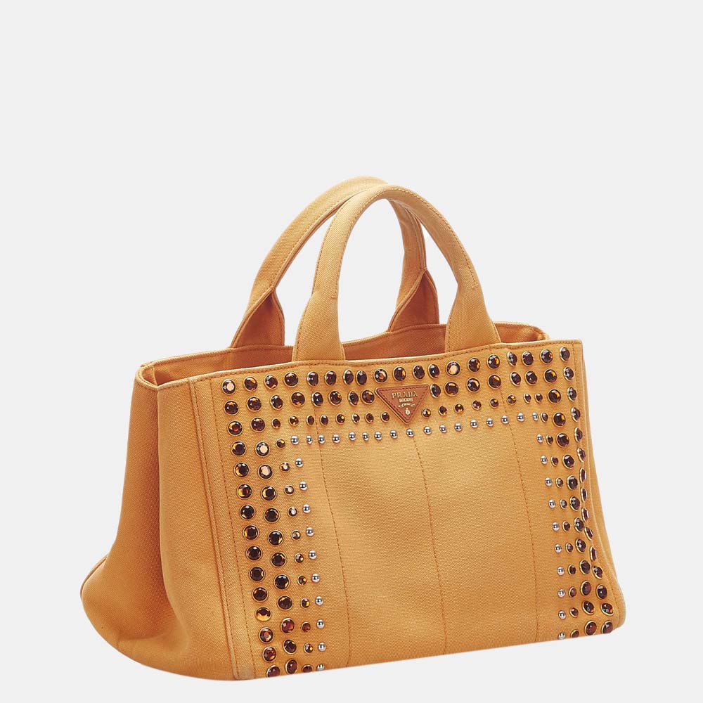 

Prada Orange Canapa Studded Canvas Satchel