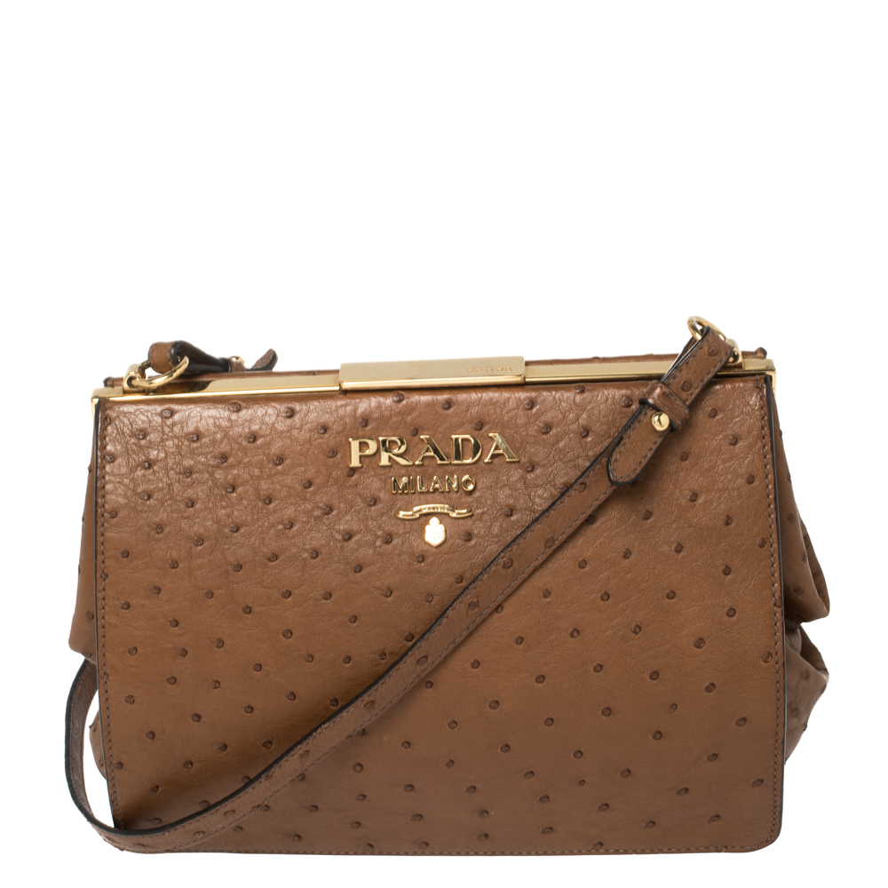 Prada Brown Printed Calf Hair & Red Ostrich Chain Bag QNBHIA3PMB001