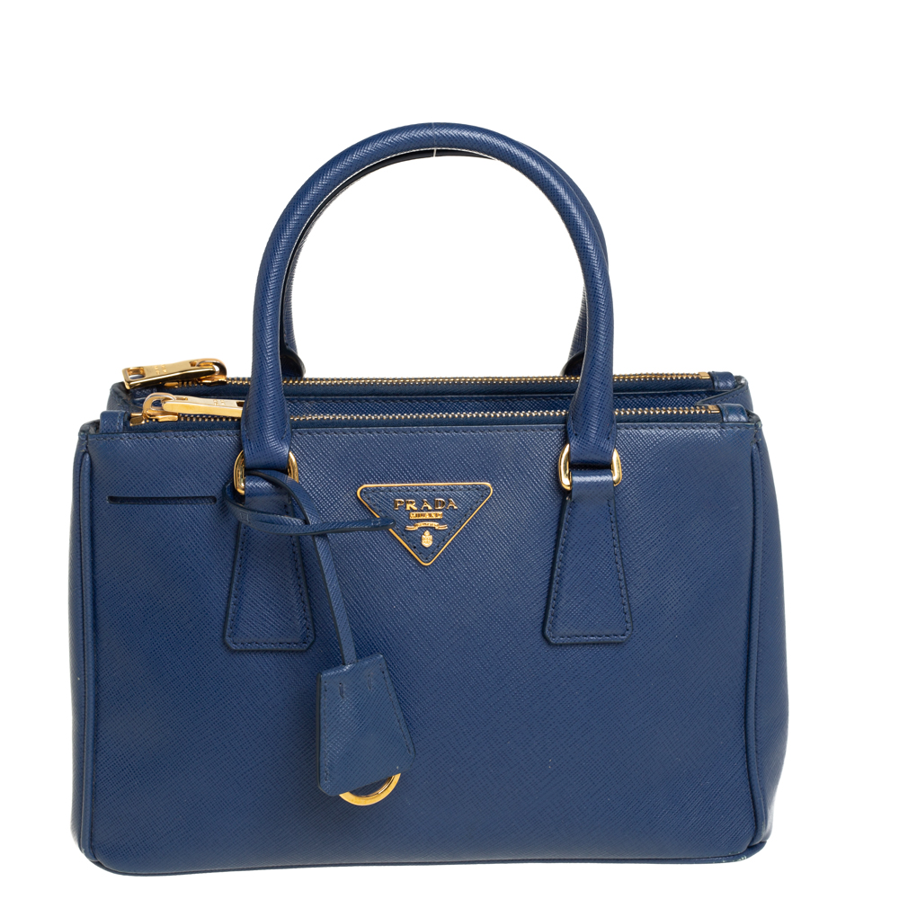 Pre Owned Prada Blue Saffiano Lux Leather Small Double Zip Tote