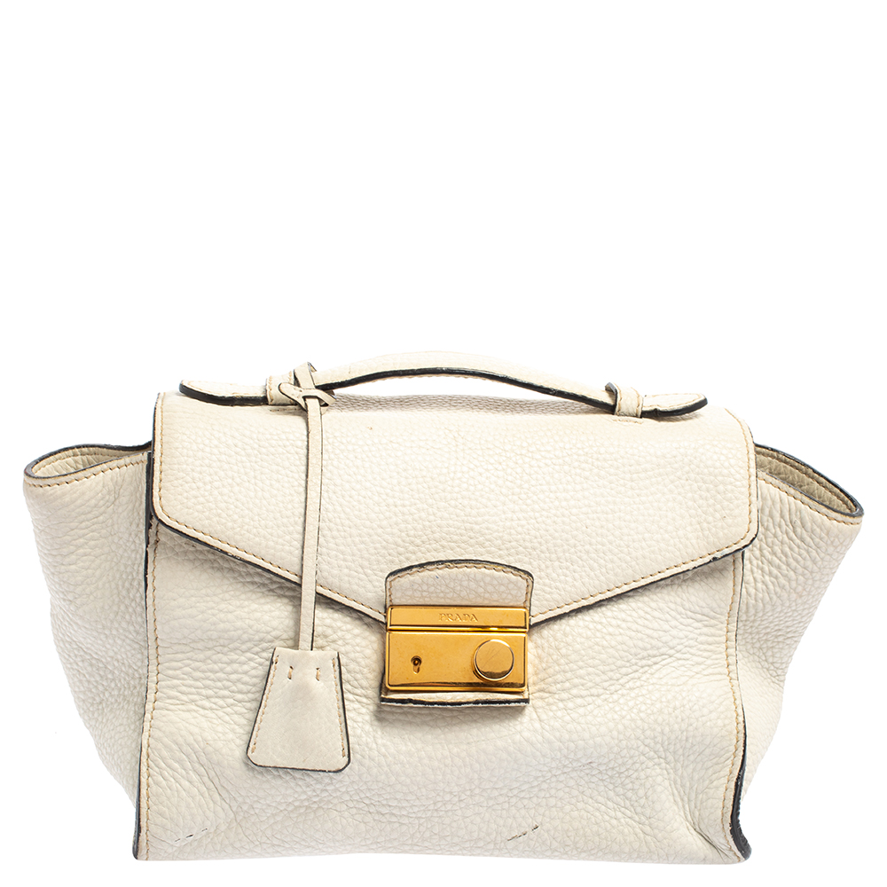 Pre Owned Prada White Vitello Daino Leather Sound Flap Top Handle Bag