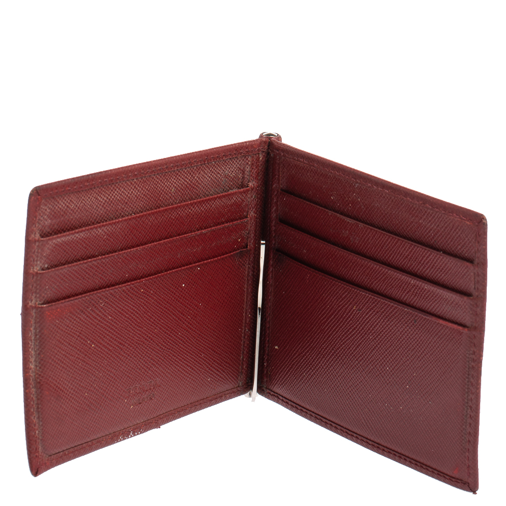 

Prada Red Saffiano Lux Leather Money Clip Bifold Wallet