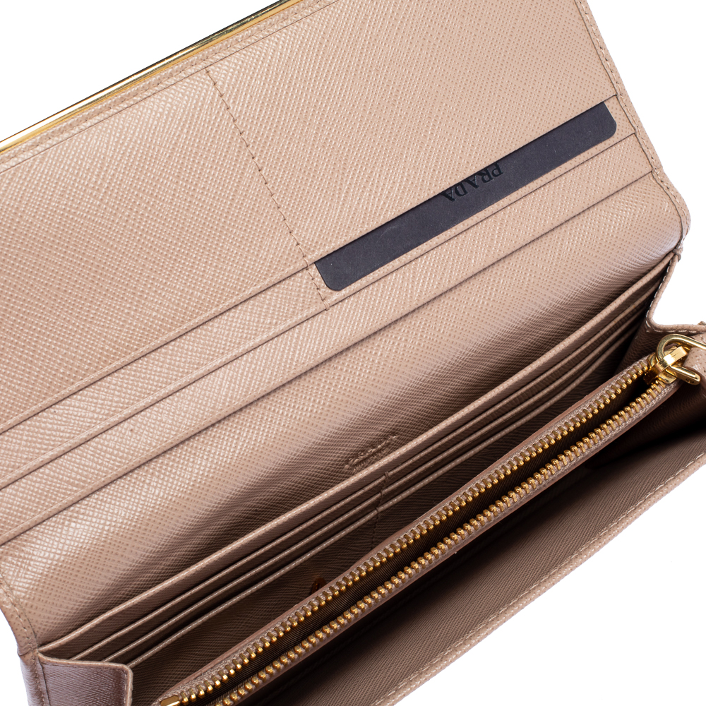 

Prada Beige Saffiano Leather Metal Bar Flap Continental Wallet