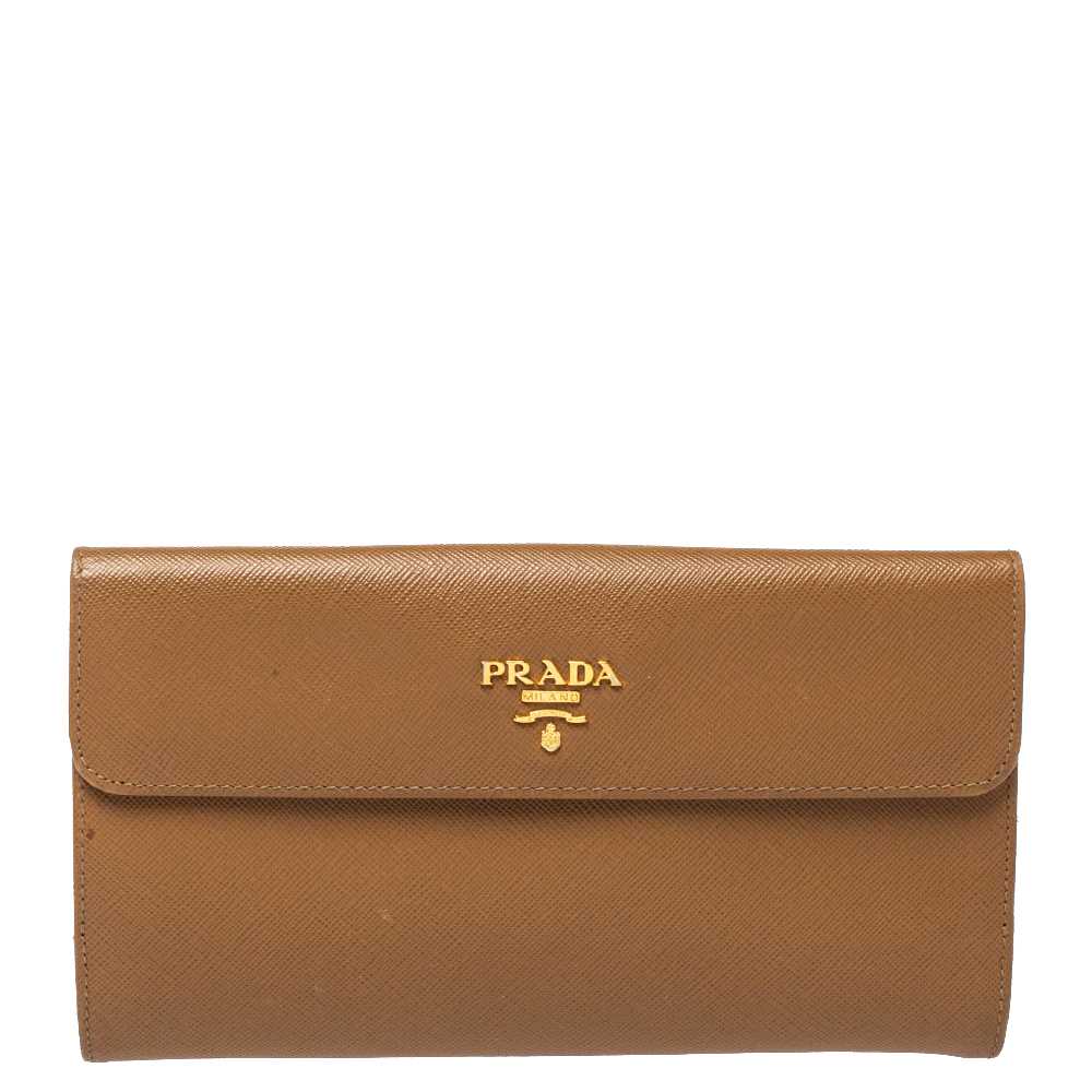 Pre-owned Prada Tan Saffiano Lux Leather Logo Flap Continental Wallet