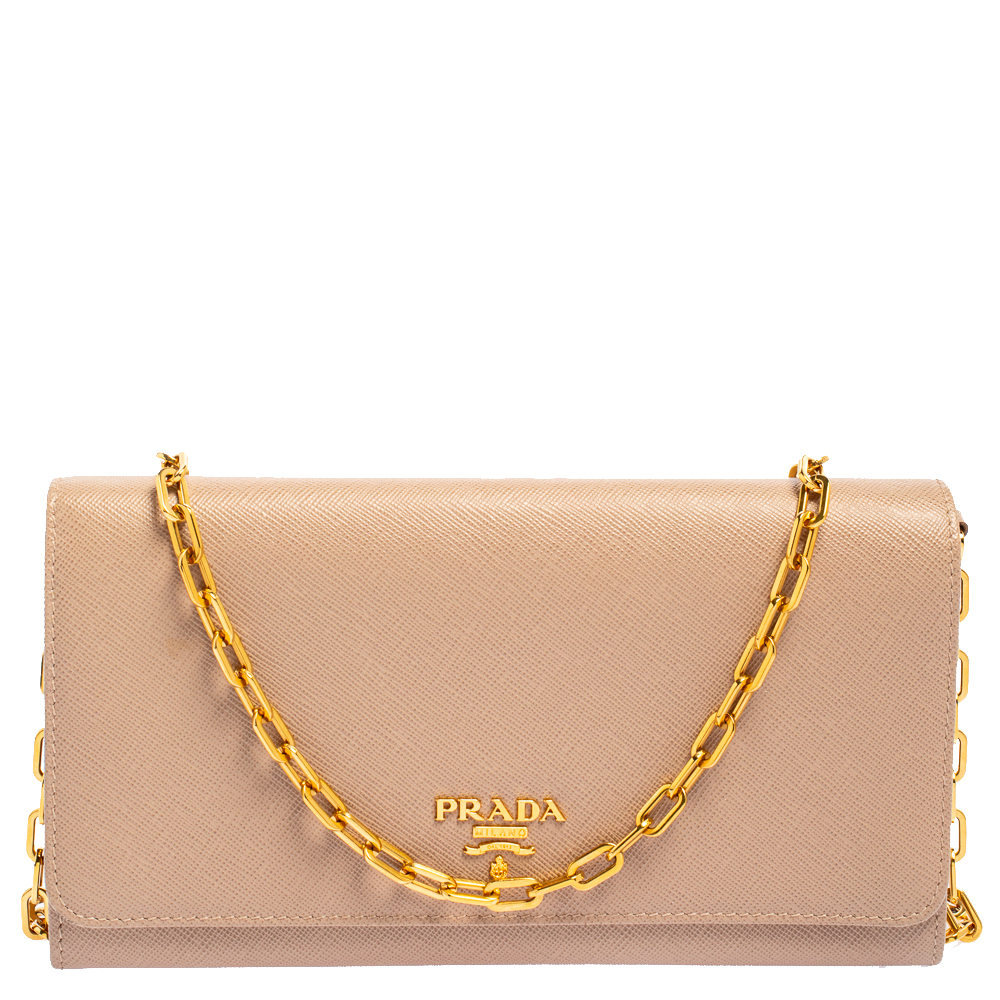 Pre-owned Prada Beige Saffiano Metal Leather Wallet On Chain