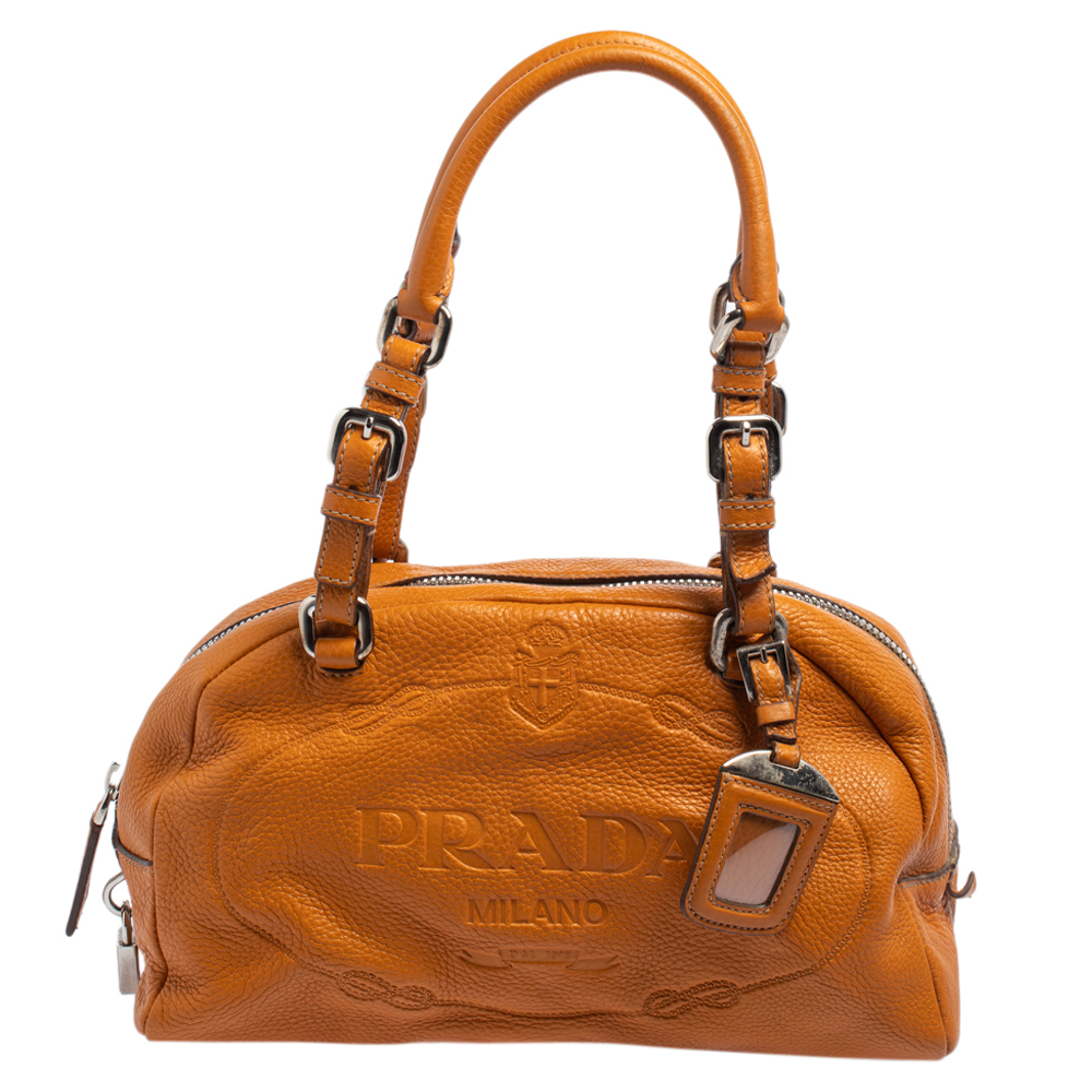 Pre-owned Prada Amber Vitello Daino Leather Logo Embossed Satchel In Orange
