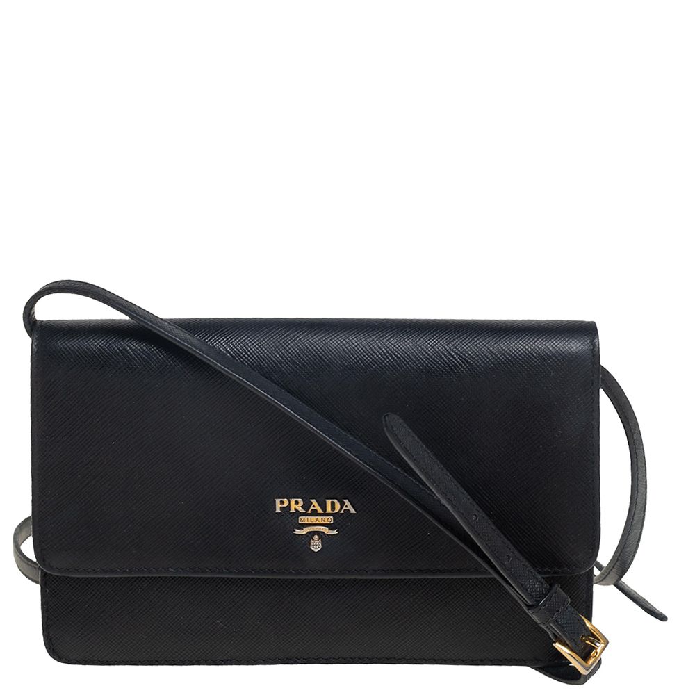 Pre-owned Prada Black Saffiano Leather Flap Crossbody Bag