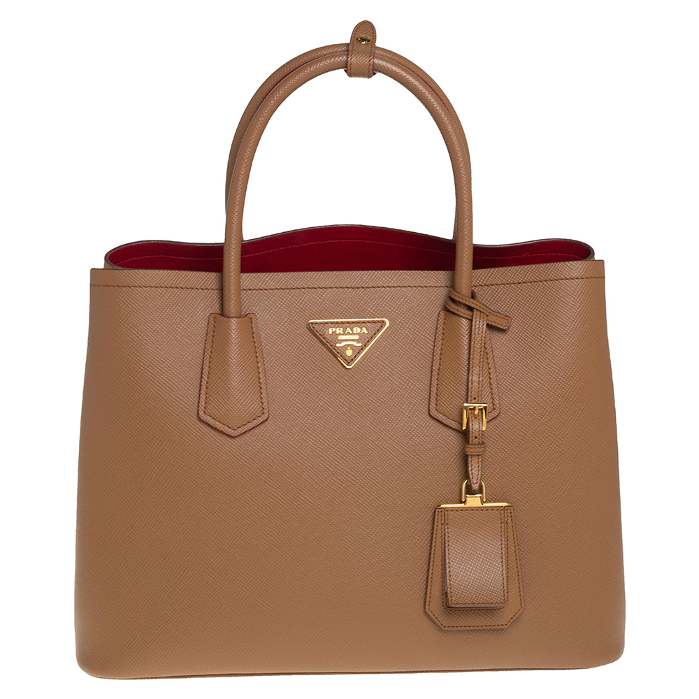 Pre-owned Prada Caramel Brown Saffiano Cuir Leather Medium Double Tote