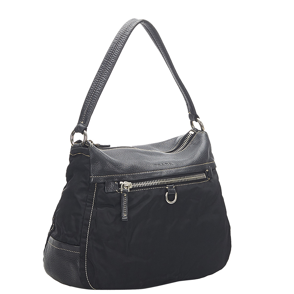 

Prada Black Leather Fabric Nylon Tessuto Shoulder Bag