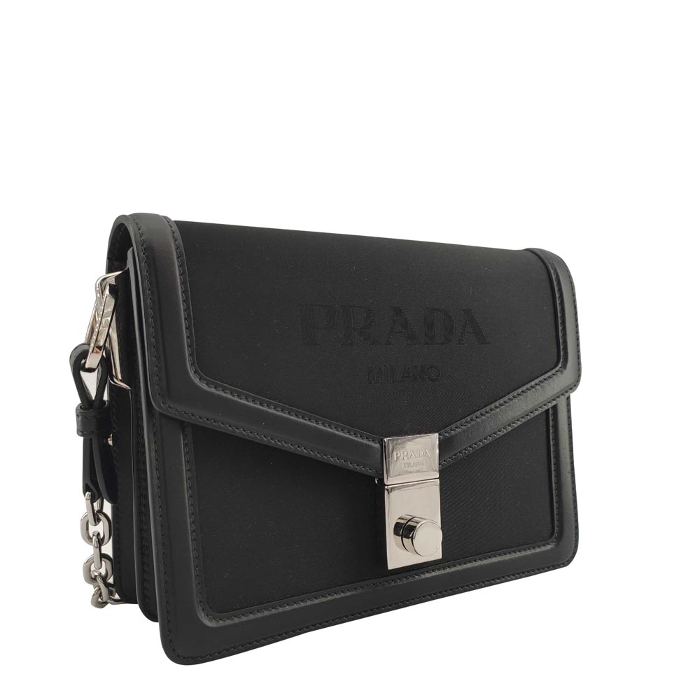 

Prada Black Leather Logo Chain Flap Bag