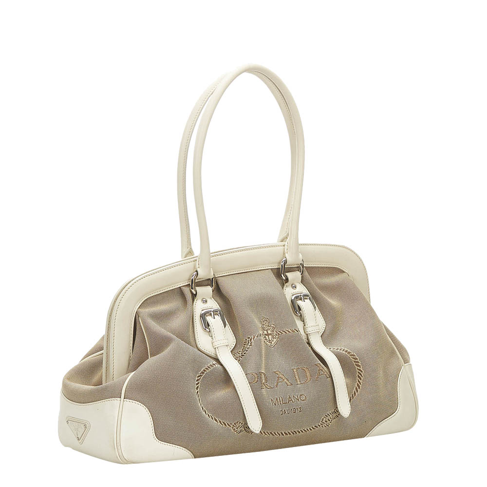 

Prada Brown/White Leather trimmed Tessuto Canapa Bag