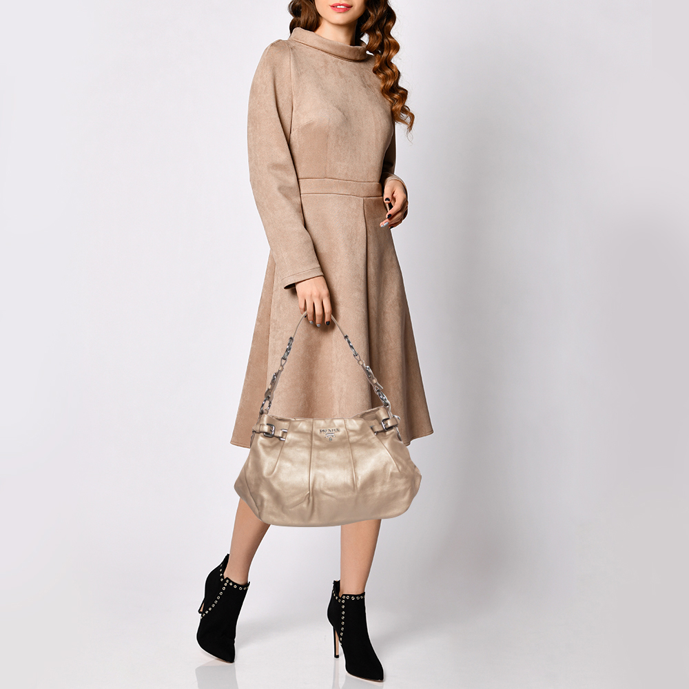 

Prada Metallic Rose Gold Pleated Leather Satchel