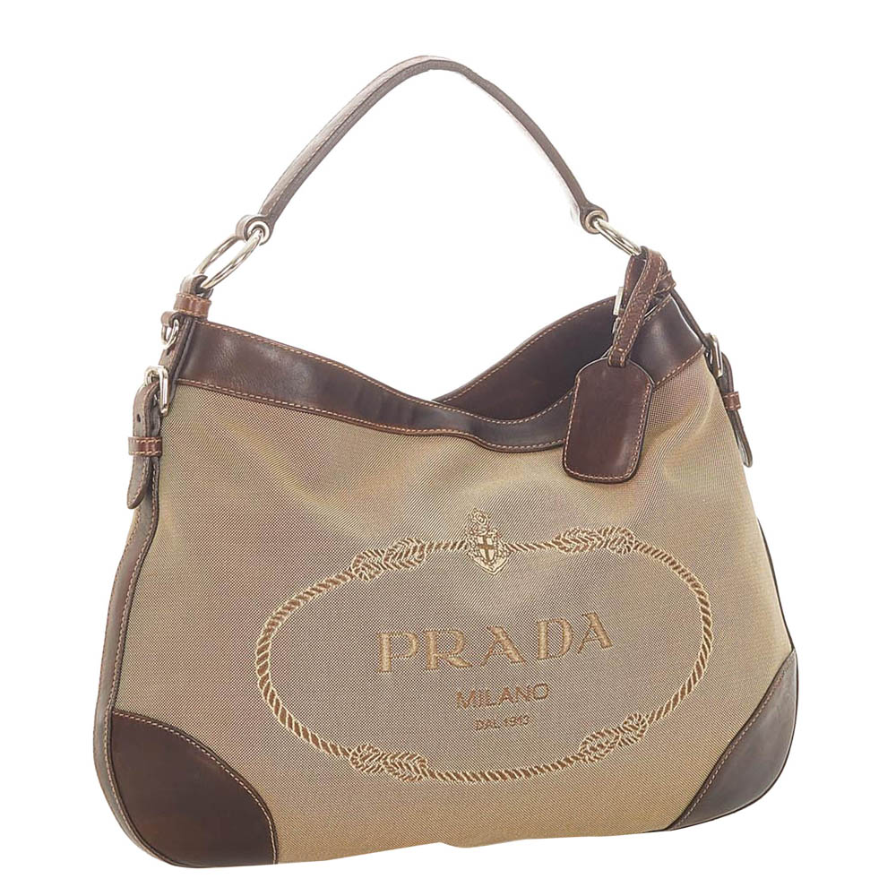 

Prada Brown Canvas and Leather Canapa Hobo Bag, Beige