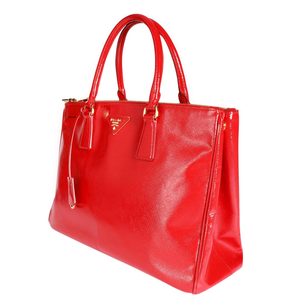 

Prada Rosso Vernice Saffiano Leather Medium Double Zip Tote Bag, Red