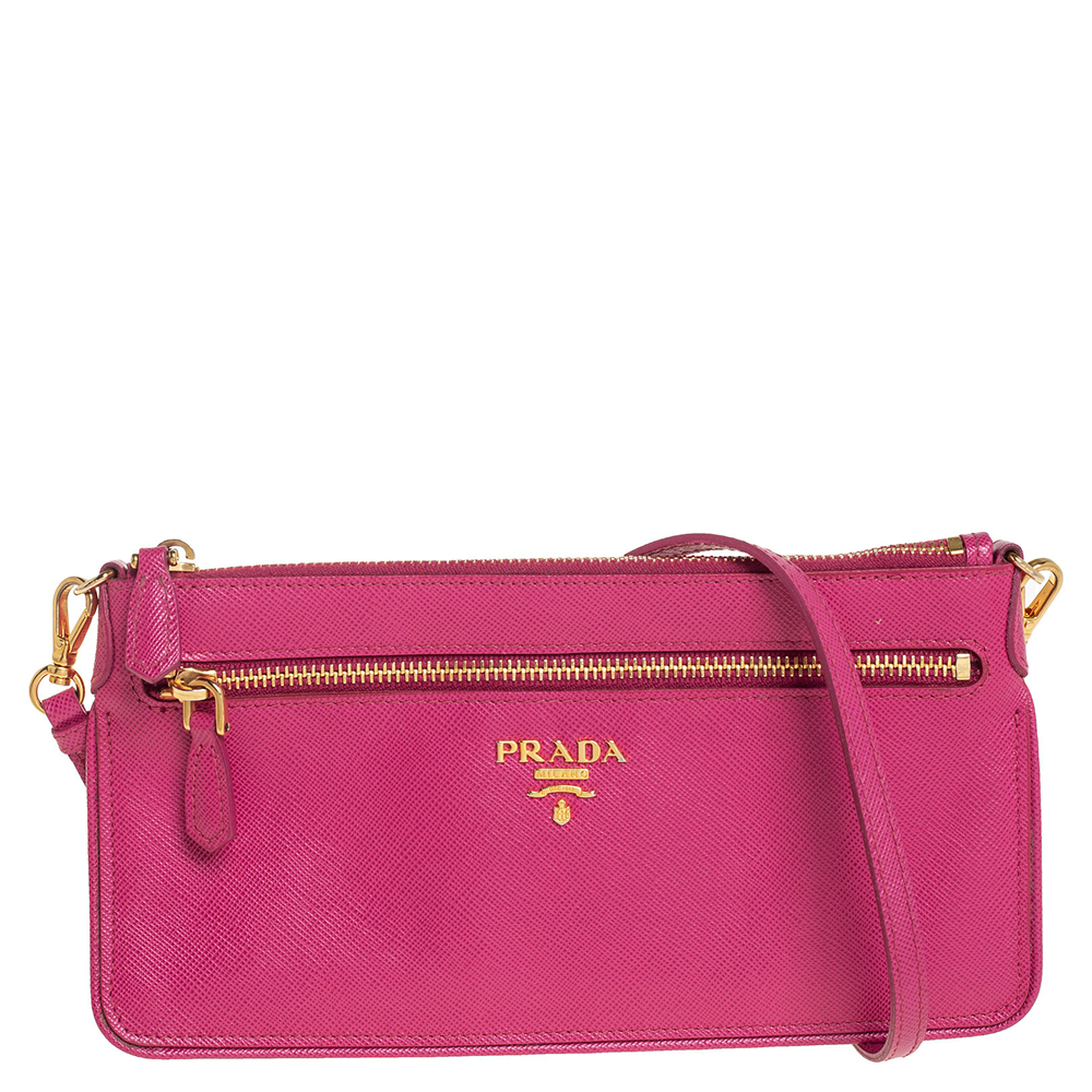 Click to view more detailed imagery on our partner's website Pre-owned Prada Pink Saffiano Leather Wallet On Chain